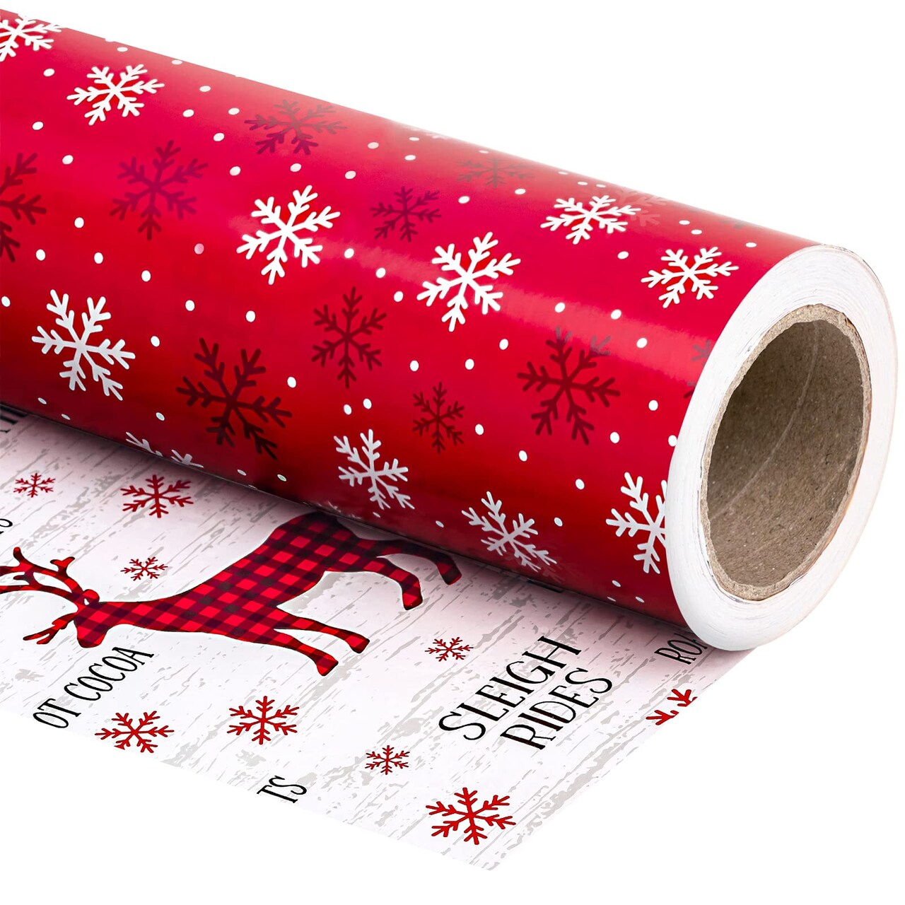 Reversible Christmas Wrapping Paper Roll - Mini Roll - 17 Inch x 33 Feet - Red White Reindeer and Snowflake Wrapping Paper for Christmas, Holiday, Party